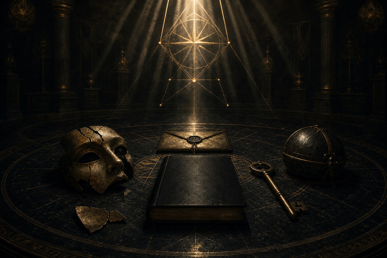 Esoteric still life of a mask, key, sealed book, and compass light