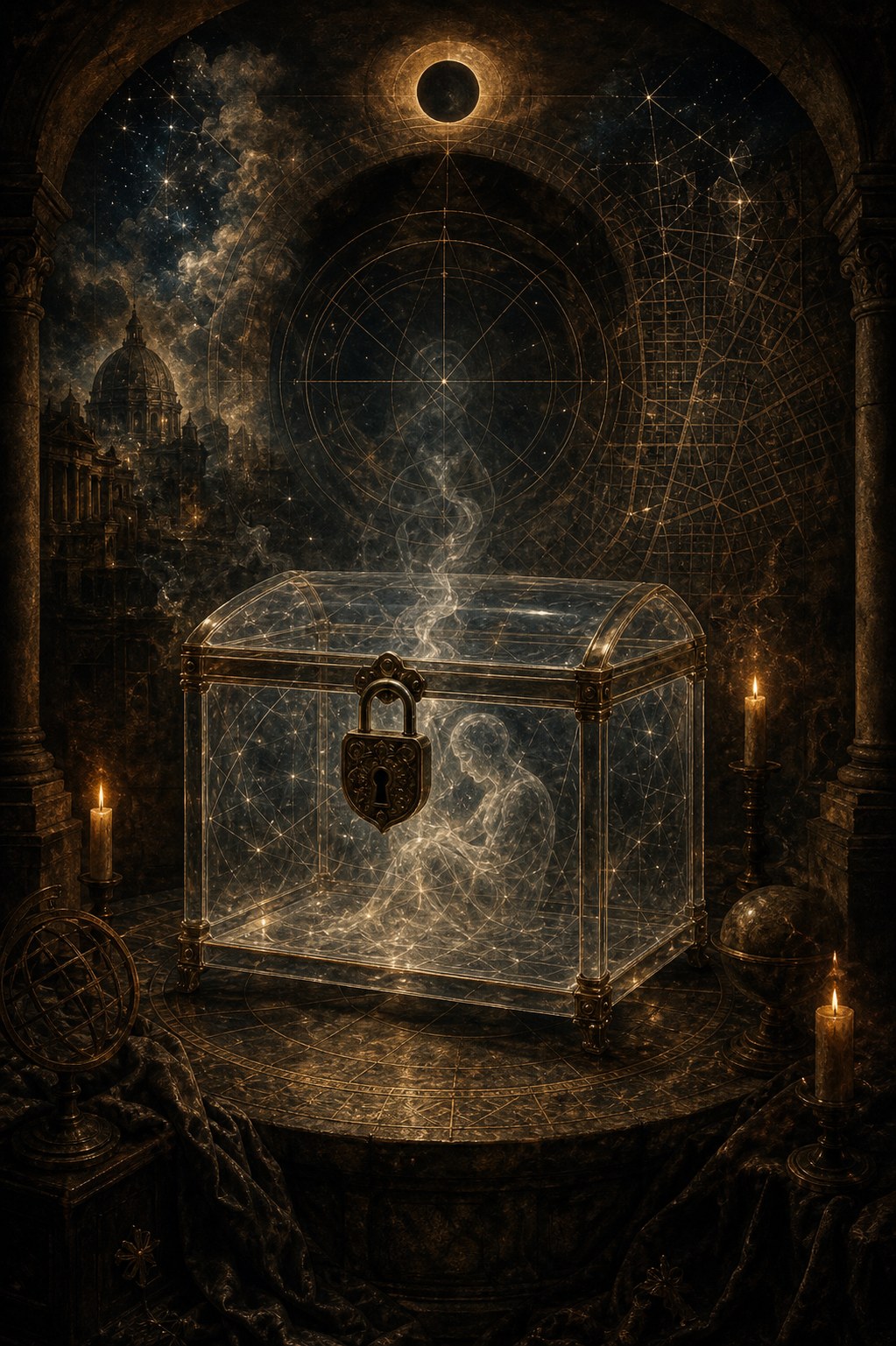 Transparent locked chest in an esoteric chamber