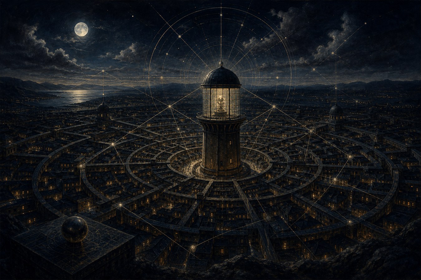 Esoteric panopticon city with a central glass tower