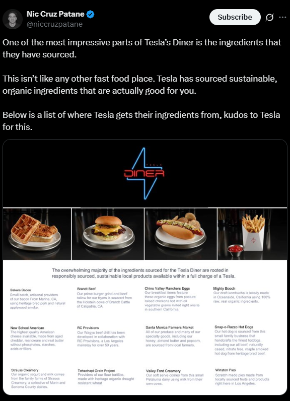 Tweet regarding Tesla Diner layout