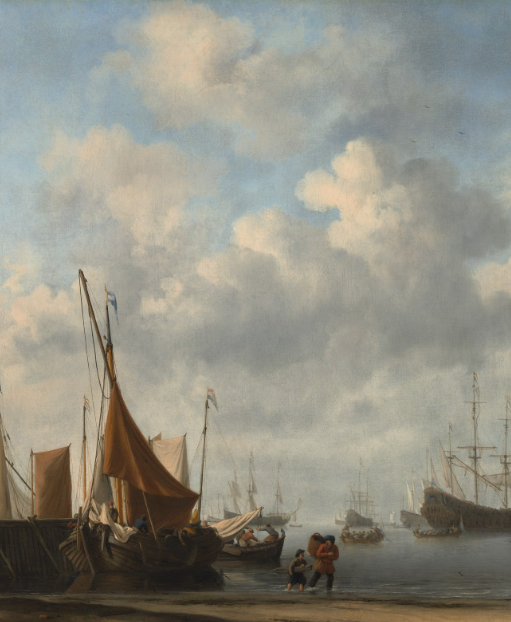 Harbor painting with sailing boats beneath a clouded sky