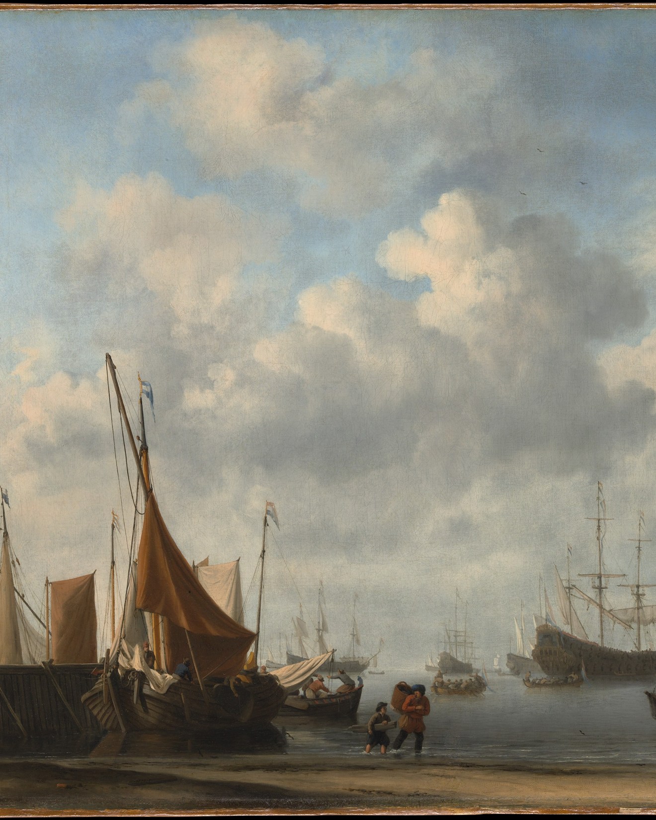 Harbor painting with boats and clouded sky